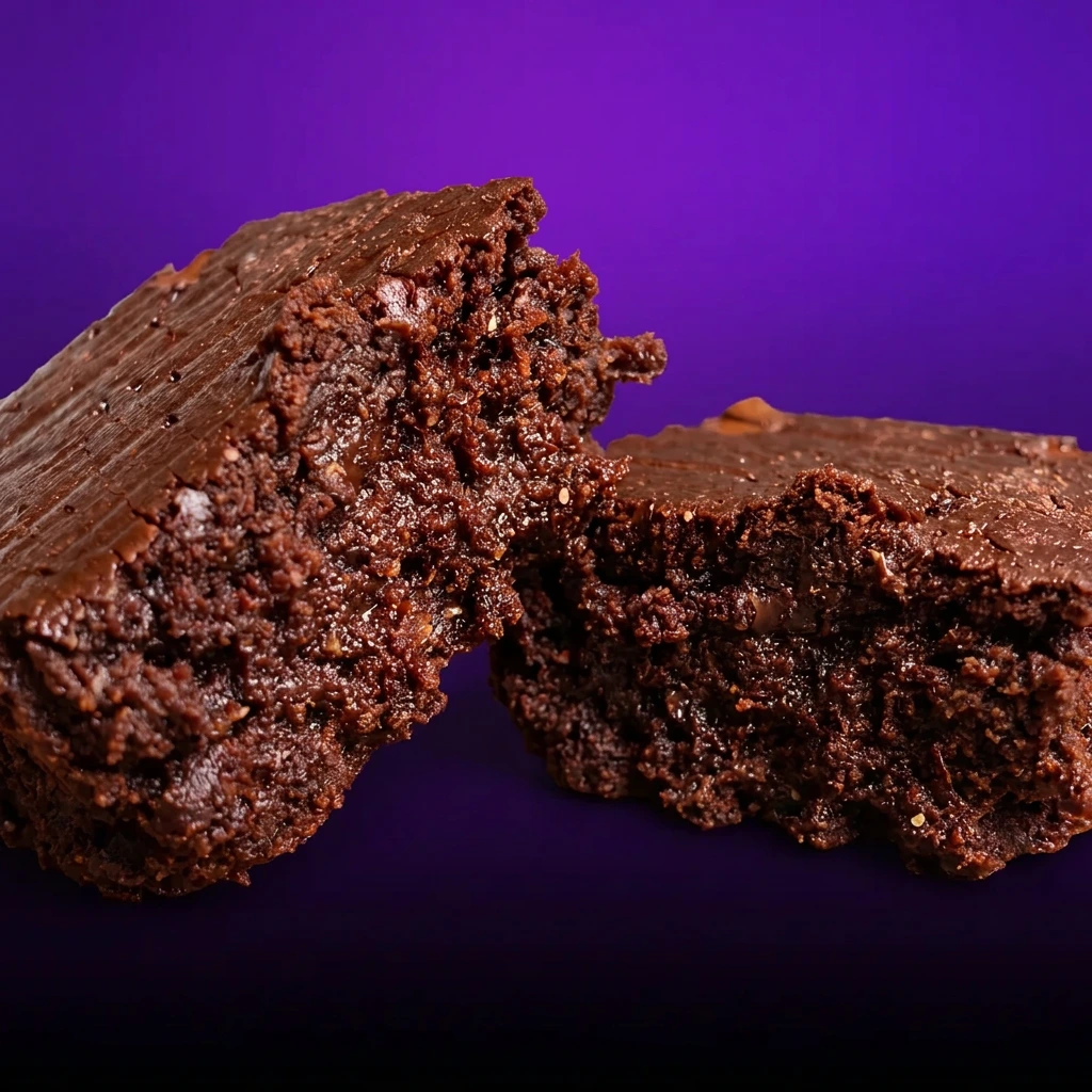 A fudgy Lifemaxx protein brownie, broken open to show the gooey center